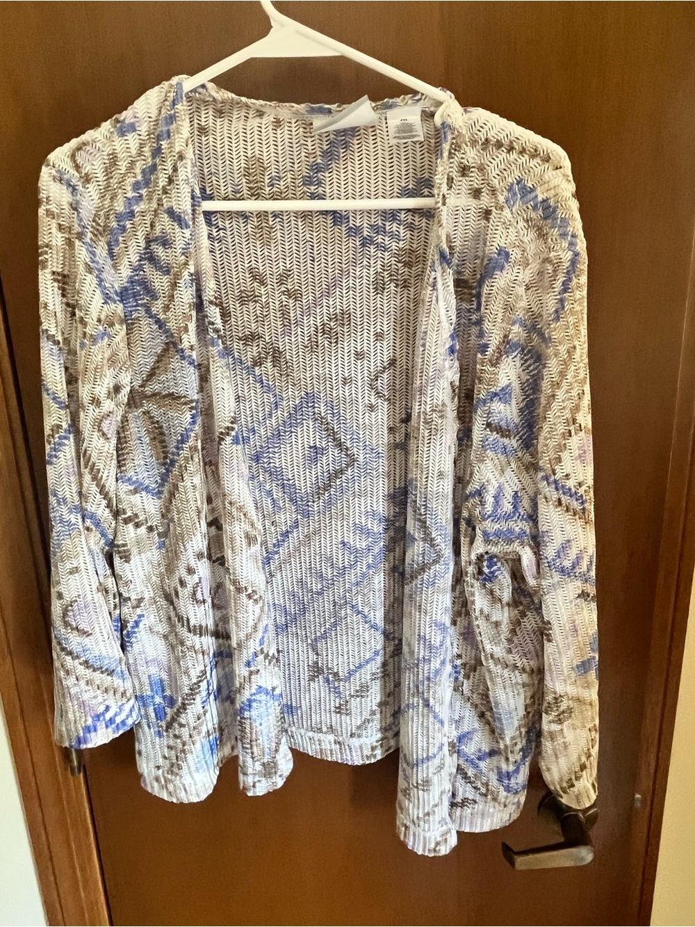 Alfred Dunner Ivory and Blue Open-Knit Geometric Cardigan